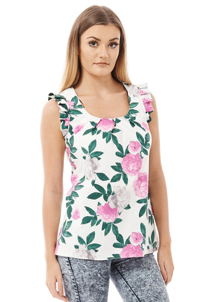 Frilly Flower Print Blouse -White -UK 8 - EU 36