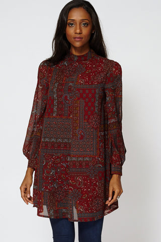 Mixed Paisley Print Open Sleeve Tunic Top-Burgundy-10