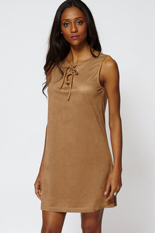 Faux Suede Lace Up Shift Dress-Brown-14