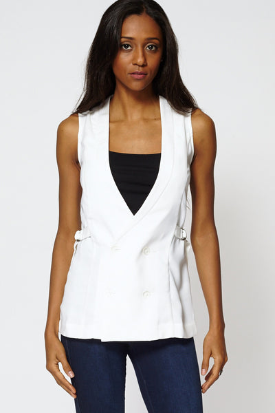 White Double Breasted Long Waistcoat-White -14