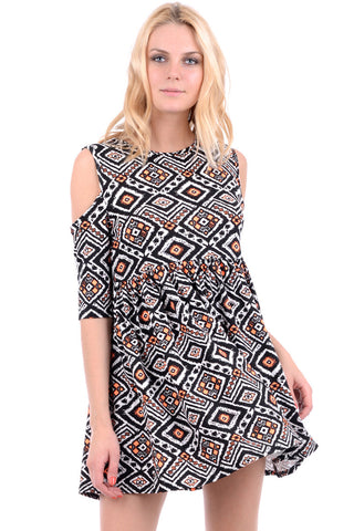 Graphic Tribal Print Skater Dress with Cut Out Shoulders