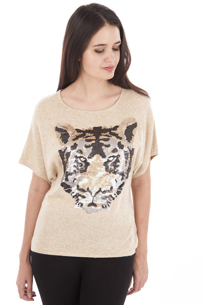 Short Sleeve Soft Knit Top with Sequinned Tiger Motif