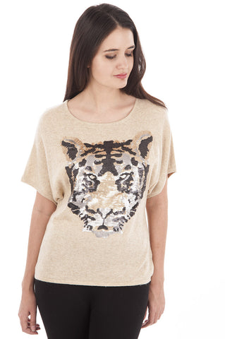 Short Sleeve Soft Knit Top with Sequinned Tiger Motif