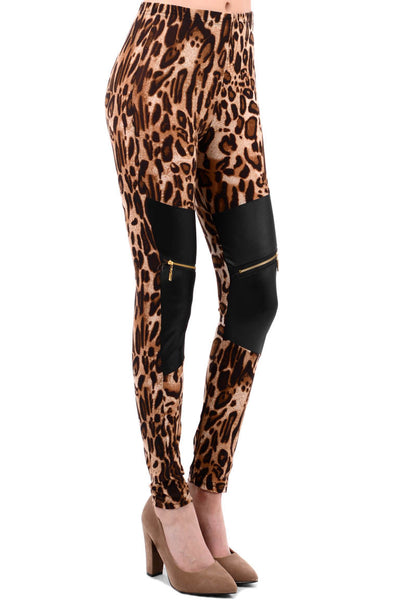 Leopard Print Wet Look Zip Detail Leggings