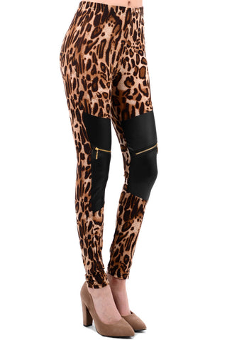 Leopard Print Wet Look Zip Detail Leggings