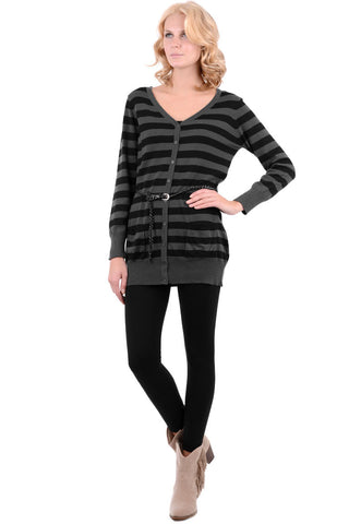 Striped V-Neck Cardigan With Belt
