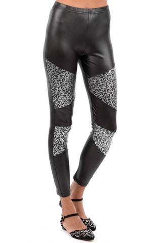 Wet Look Leggings with Silver Leopard Print Panels