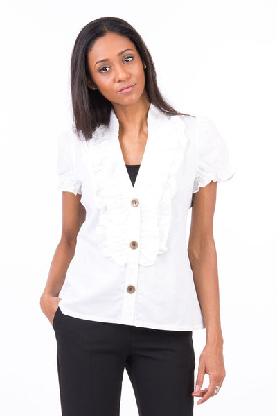 White Ruffle Front Shirt-White -Medium - UK (10-12)