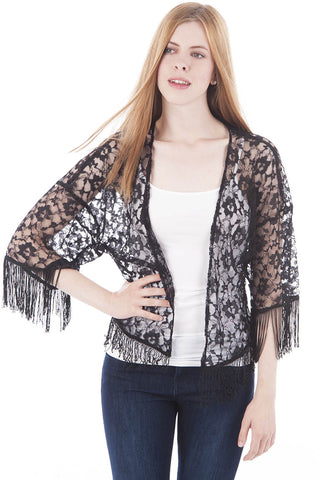 Sheer Floral Lace Kimono with Tassels-Black-S/M - UK (8-10)