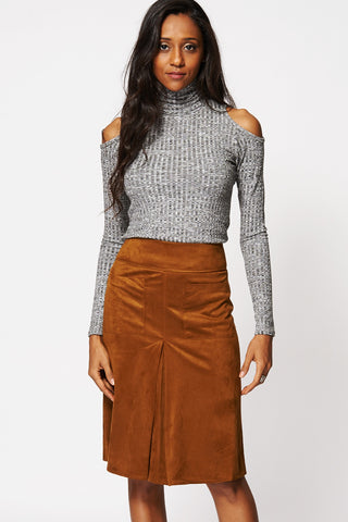 Suedette Single Pleat A-Line Skirt-Brown-14