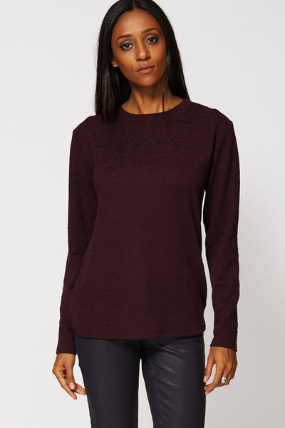 Textured Rounded Hemline Sweatshirt-Burgundy-M