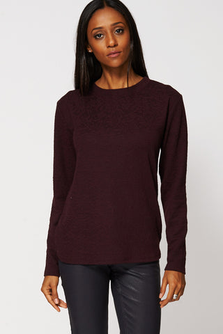 Textured Rounded Hemline Sweatshirt-Burgundy-M
