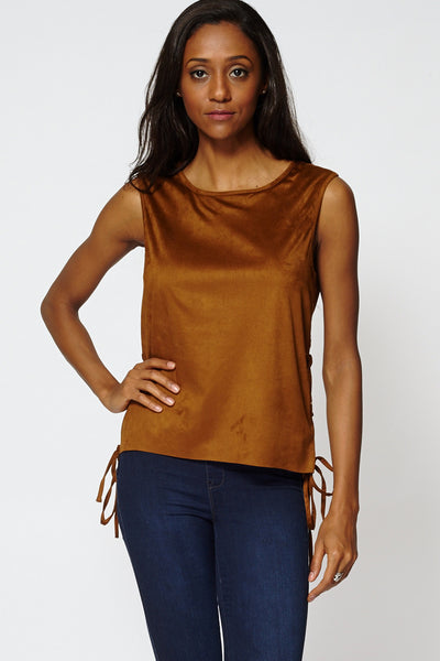 Faux Suede Hi Low Lace Up Side Top-Brown-14