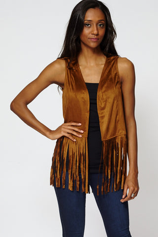 Faux Suede Fringe Waistcoat Gilet-Brown-12