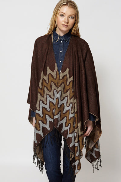 Abstract Print Fringed Open Poncho Cape-Brown-One Size