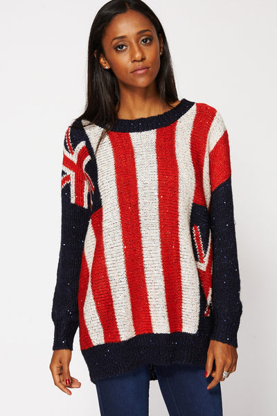 Union Jack Sequined Loose Knit Jumper-Navy-M/L - UK (14-16)
