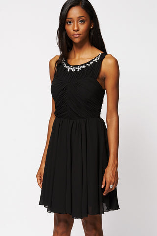 Diamante Detailed Black Short Chiffon Prom Dress-Black-Small - UK (6-8)