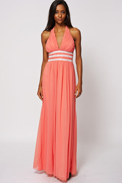 Coral Deep V Halterneck Diamante Waist Evening Dress-Coral-Medium - UK (10-12)