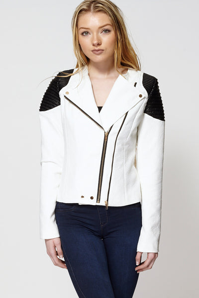 Patterned Leatherette Shoulder Panel Biker Jacket-Cream-L