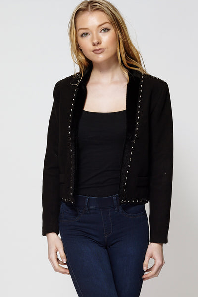 Faux Fur Trim Studded Short Fleece Jacket-Black-XL