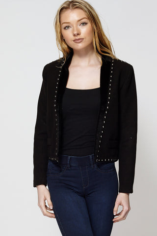 Faux Fur Trim Studded Short Fleece Jacket-Black-XL
