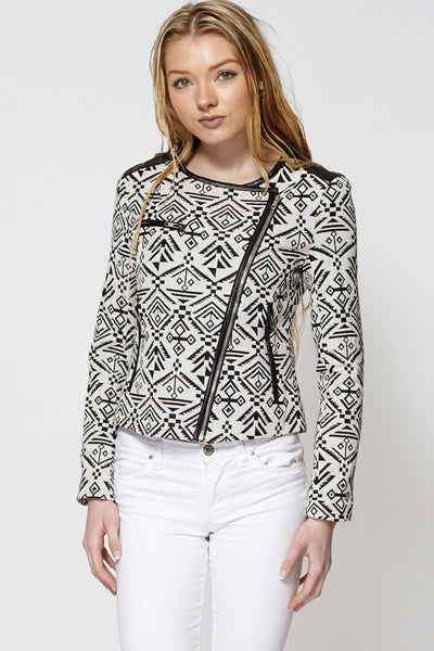 Aztec Print Asymmetric Zip Fastening Short Jacket-Black-L