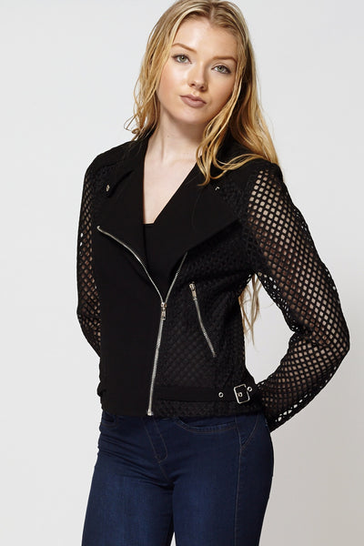 Mesh With Cut Out Design Asymmetrical Zip Short Jacket-Blue -XL