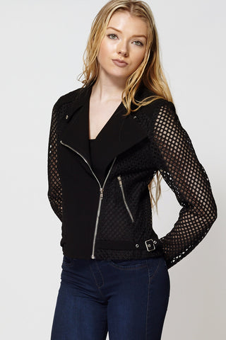 Mesh With Cut Out Design Asymmetrical Zip Short Jacket-Blue -XL