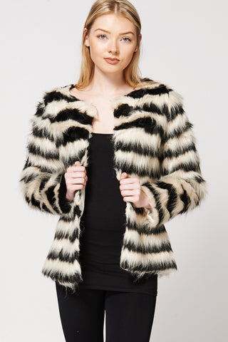 Stripe Faux Fur Jacket-Beige-L