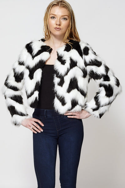 Monochrome Zig Zag Faux Fur Short jacket-White -M
