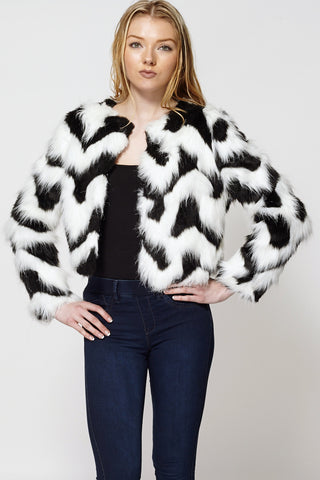 Monochrome Zig Zag Faux Fur Short jacket-White -M