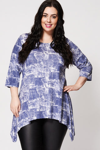 Denim Print 3/4 Sleeve Top-Blue -22/24