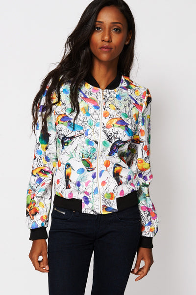 White Bird Print Bomber Jacket-White -XSmall - UK (6-8)