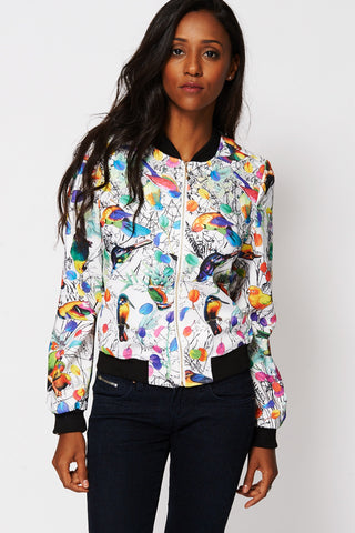 White Bird Print Bomber Jacket-White -XSmall - UK (6-8)