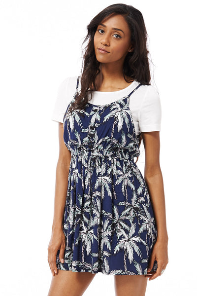 Skater Dress With Palm Tree Print-Blue -Medium - (UK 10)