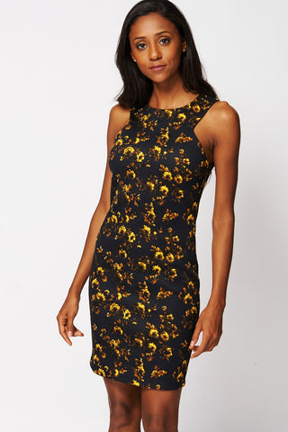 Floral Print Scuba Dress With Cutaway Neckline-Black-XSmall - UK (6- 8)