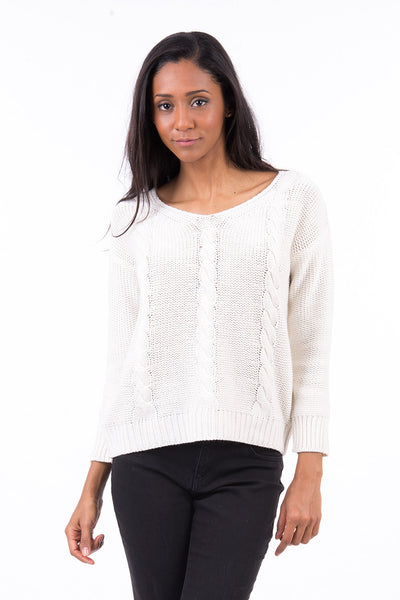 V Neck Cable Knit Baggy Jumper  -Cream-XLarge - UK (14-16)