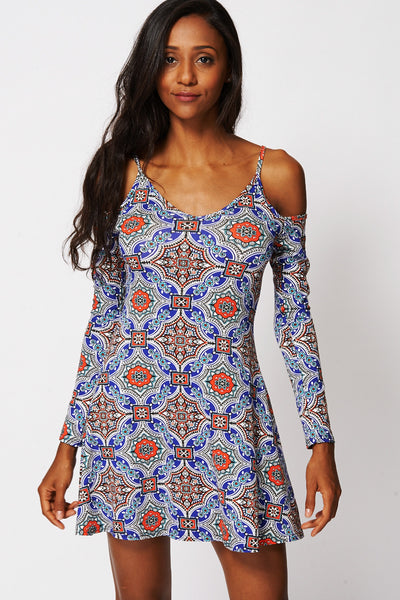 Cold Shoulder Long Sleeved Swing Dress Ex-Branded-Multi-UK 12 - EU 40