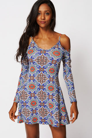 Cold Shoulder Long Sleeved Swing Dress Ex-Branded-Multi-UK 12 - EU 40