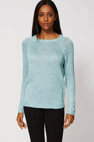 Sequin Detail Knitted Jumper-Blue -M