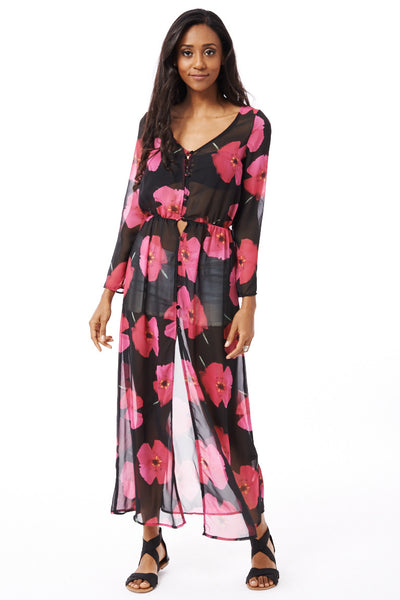 Pink Floral Kaftan or Beach Cover Up-Black-Small - UK (8-10)