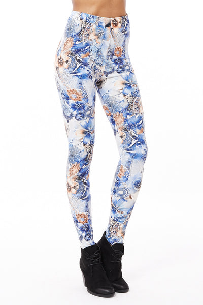 Blue Floral Leggings with Gold Pattern Detail-Blue -One Size - UK (8-14)