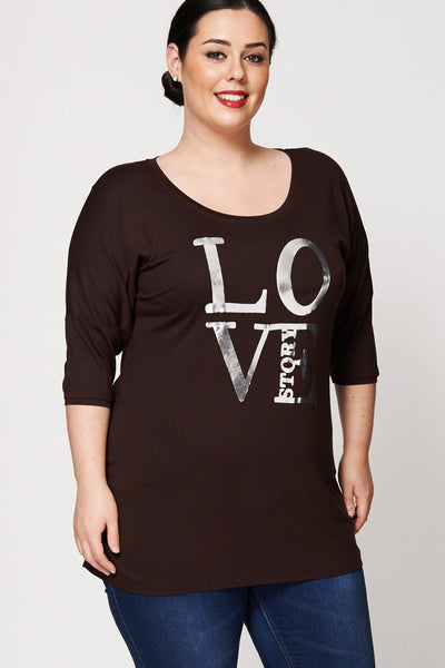 Love Print Short Sleeve Batwing Top-Brown-UK 22/24 - EU 50/52