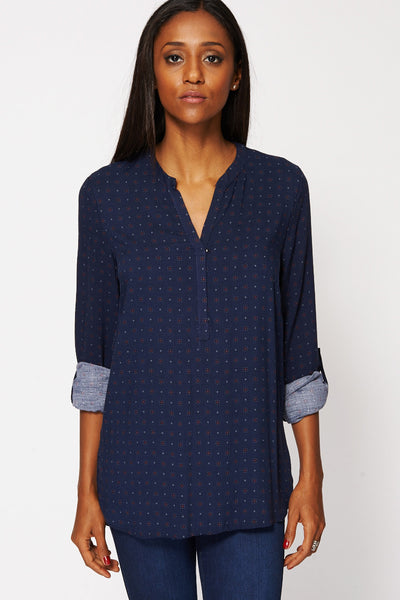 Blue Printed Detail Dipped Hem Top Available in Plus Sizes-Navy-UK 22 - EU 50