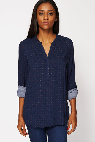 Blue Printed Detail Dipped Hem Top Available in Plus Sizes-Navy-UK 22 - EU 50
