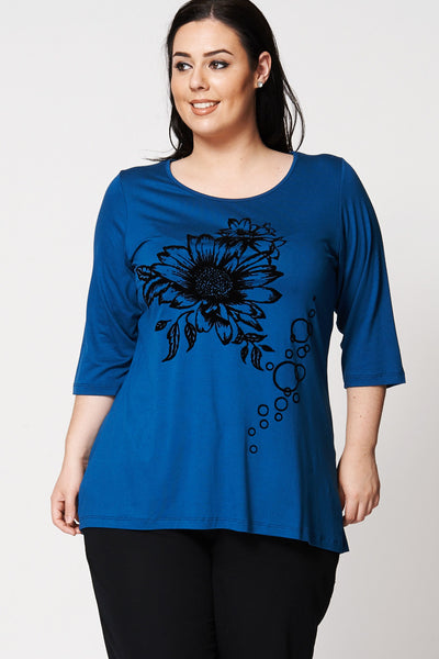 Floral Flock Print Dipped Hem Top-Dark Blue-UK 26/28 - EU 54/56