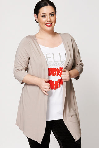 Hello Beautiful Two-In-One Mock Top And Cardigan-Taupe-UK 26/28 - EU 54/56