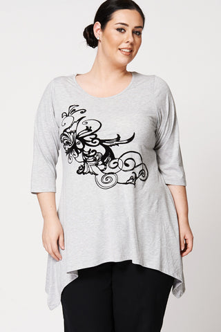 Waterfall Flock Print Top-Grey-UK 20 - EU 48