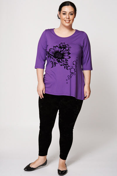 Purple Sunflower Flock Print Dipped Hem Top-Purple-UK 30/32 - EU 58/60