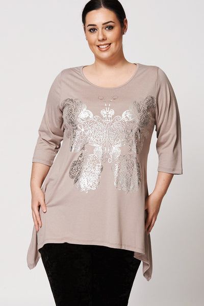 Butterfly Print Detail Shark Bite Hem Top-Mocha-UK 22/24 - EU 50/52